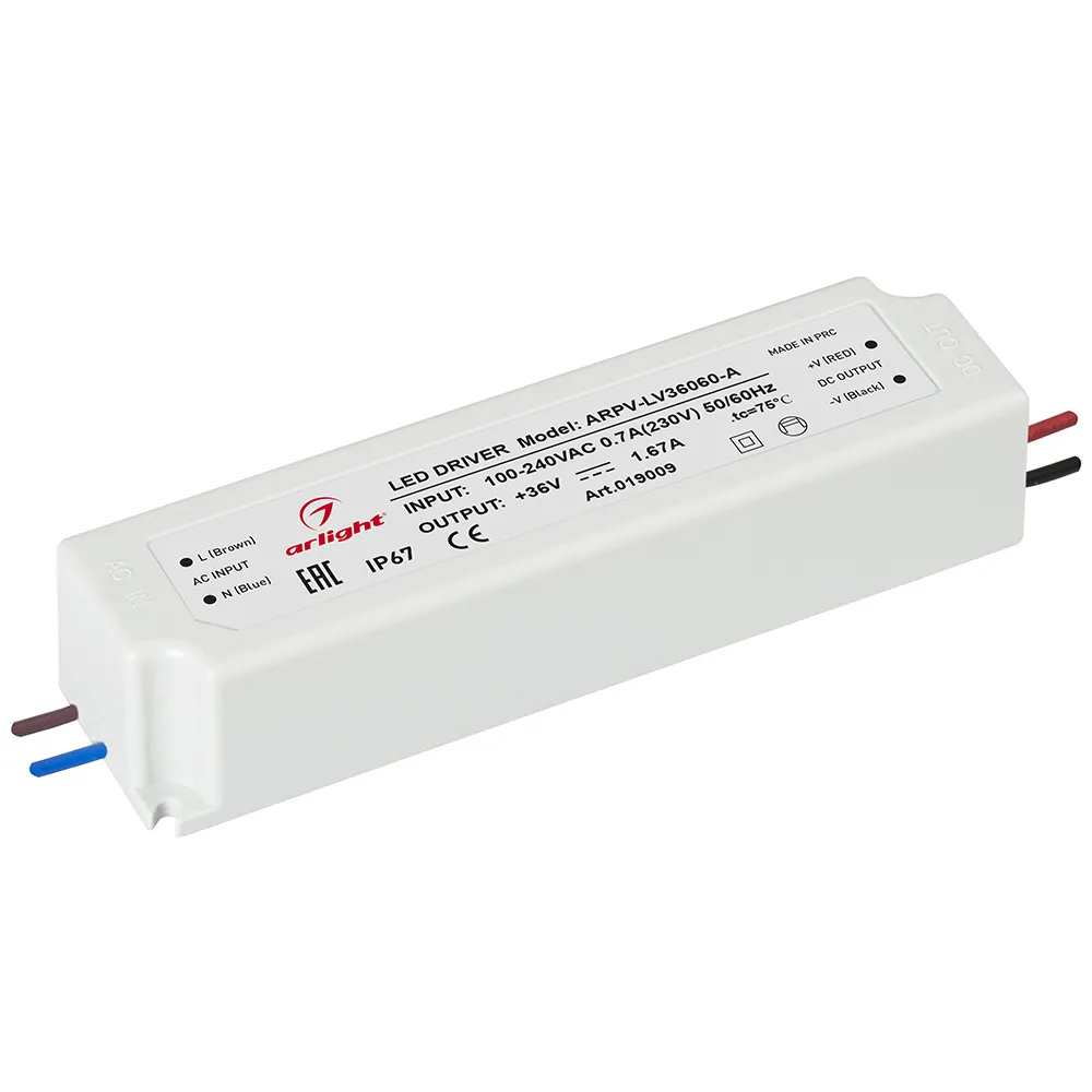 Блок питания ARPV-LV36060-A (36V, 1.7A, 60W) (Arlight, IP67 Пластик, 3 года) - изображение товара